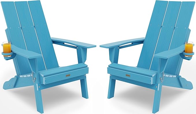 Adirondack Chair with Cup Holder: Folding Adirondack Chairs Set of 2 Plastic HDPE Material Furniture - Modern Composite Fire Pit Chairs Foldable for Outdoor/Backyard/Garden/Lawn/Deck/Porch