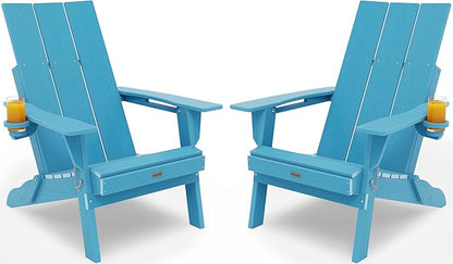 Adirondack Chair with Cup Holder: Folding Adirondack Chairs Set of 2 Plastic HDPE Material Furniture - Modern Composite Fire Pit Chairs Foldable for Outdoor/Backyard/Garden/Lawn/Deck/Porch
