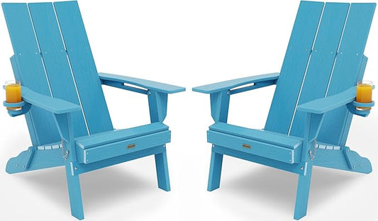 Adirondack Chair with Cup Holder: Folding Adirondack Chairs Set of 2 Plastic HDPE Material Furniture - Modern Composite Fire Pit Chairs Foldable for Outdoor/Backyard/Garden/Lawn/Deck/Porch