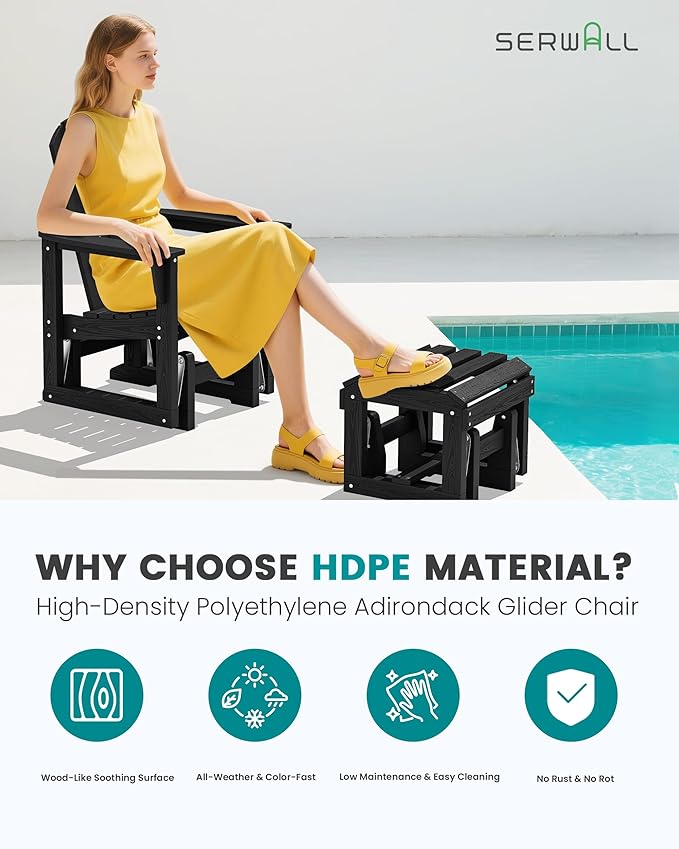 SERWALL Outdoor Glider Chair Set of 4 with Ottoman, HDPE Wood-Like Patio Glider Set All-Weather Porch Glider for Outside - Photo 3