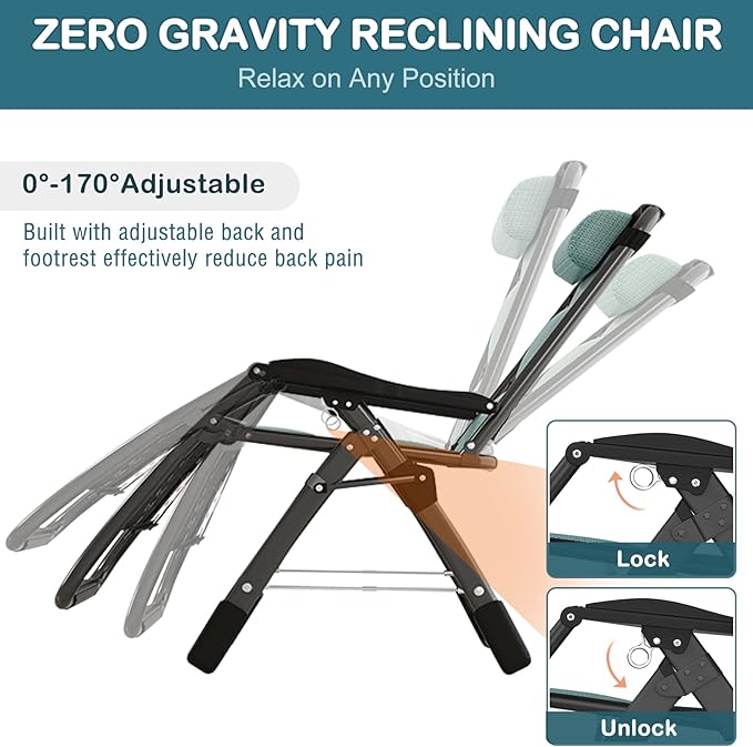 NAIZEA Padded Zero Gravity Chair, Cooling Fabric Folding Outdoor Lounge Chairs - Photo 3