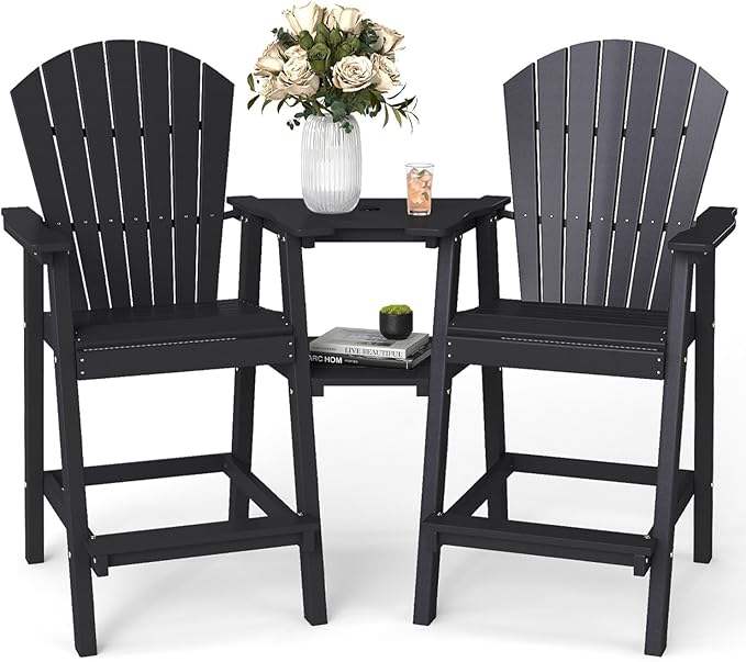 FOOWIN Tall Adirondack Chair Set of 2, All Weather HDPE Bar Height Adirondack Chair with Double Connecting Trays, Adirondack Barstools for Balcony, Deck, Backyard, Patio, Garden Black