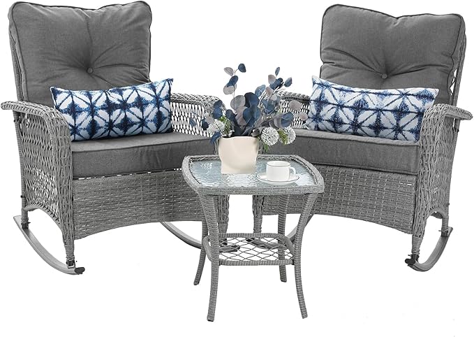 Patio Furniture Set 3 Pieces, Wicker Outdoor Rocking Bistro Set with Thick Cushions, Outdoor Rocker Chairs and Coffee Table for Porch, Backyard or Garden (Grey)
