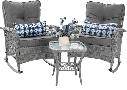 Patio Furniture Set 3 Pieces, Wicker Outdoor Rocking Bistro Set with Thick Cushions, Outdoor Rocker Chairs and Coffee Table for Porch, Backyard or Garden (Grey)