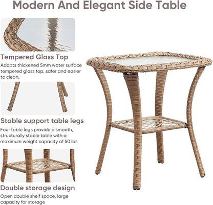 Patio Wicker Side Table, Outdoor PE Rattan End Table with 5mm Tempered Glass Top and 2-Tier Storage Shelf, 20" Square Coffee Table for Deck Porch Garden Backyard-Yellow Wicker