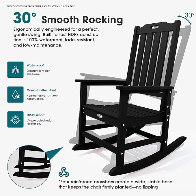 Oversized Rocking Chair Set of 4, Outdoor Rocking Chair for Adults, All Weather Resistant Porch Rocker for Lawn Garden, Black