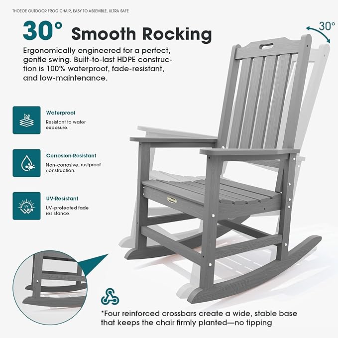 Oversized Rocking Chair Set of 4, Outdoor Rocking Chair for Adults, All Weather Resistant Porch Rocker for Lawn Garden, Grey