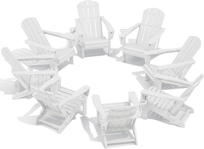 SERWALL Folding Adirondack Chair Set of 8, Reclining Adirondack Chair with 3 Recline Positions, All Weather HDPE Outdoor Adirondack, White