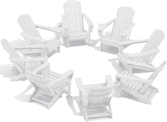 SERWALL Folding Adirondack Chair Set of 8, Reclining Adirondack Chair with 3 Recline Positions, All Weather HDPE Outdoor Adirondack, White