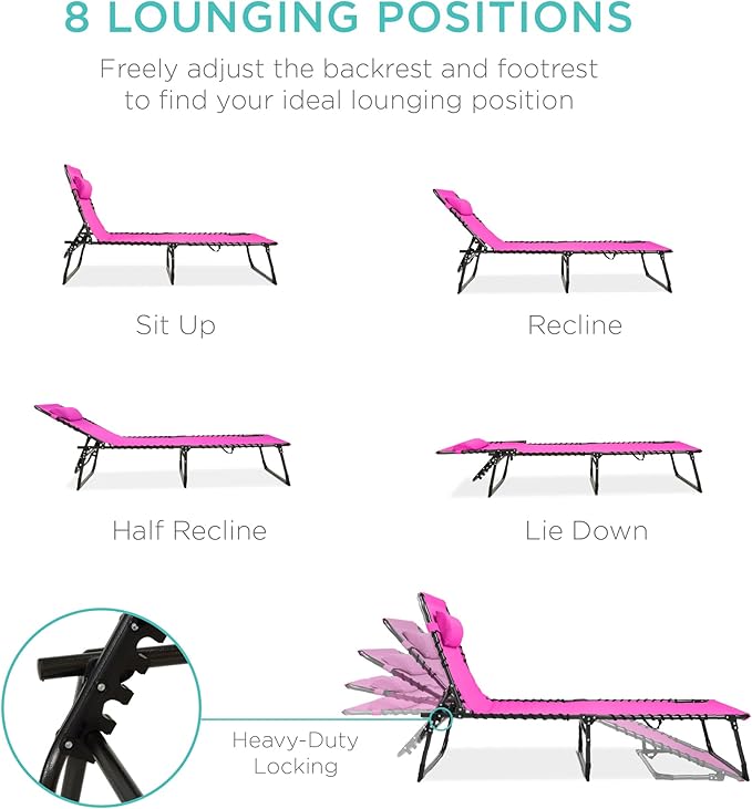 Best Choice Products Patio Chaise Lounge Chair, Portable Outdoor Folding Recliner for Lawn, w/ 8 Positions, Handles - Photo 4