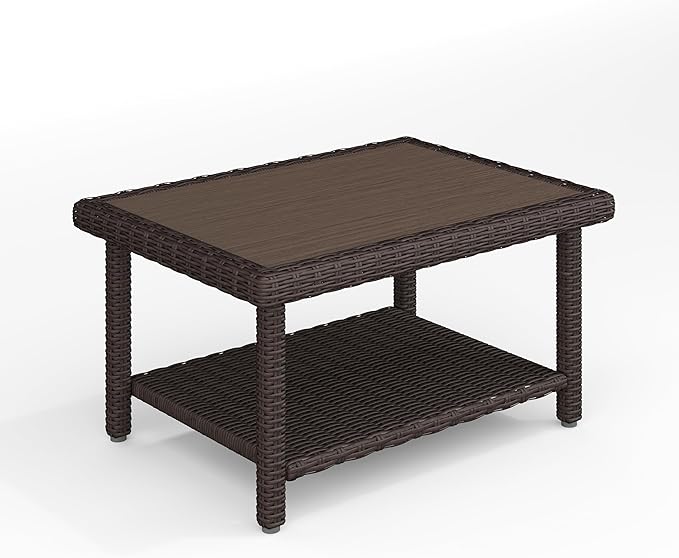 Martha Stewart Bedford Indoor-Outdoor Patio Coffee Table with Lower Shelf, Faux Wood Top, and Rattan Wicker Finish in Brown