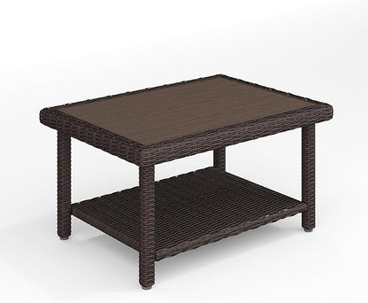 Martha Stewart Bedford Indoor-Outdoor Patio Coffee Table with Lower Shelf, Faux Wood Top, and Rattan Wicker Finish in Brown