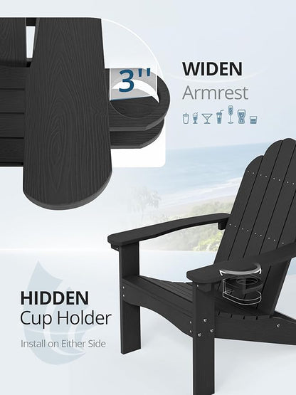LUE BONA HDPE Adirondack Chairs Set of 2 - Weather Resistant Seating with Cup Holder for Porch, Patio, Deck & Fire Pit, Black