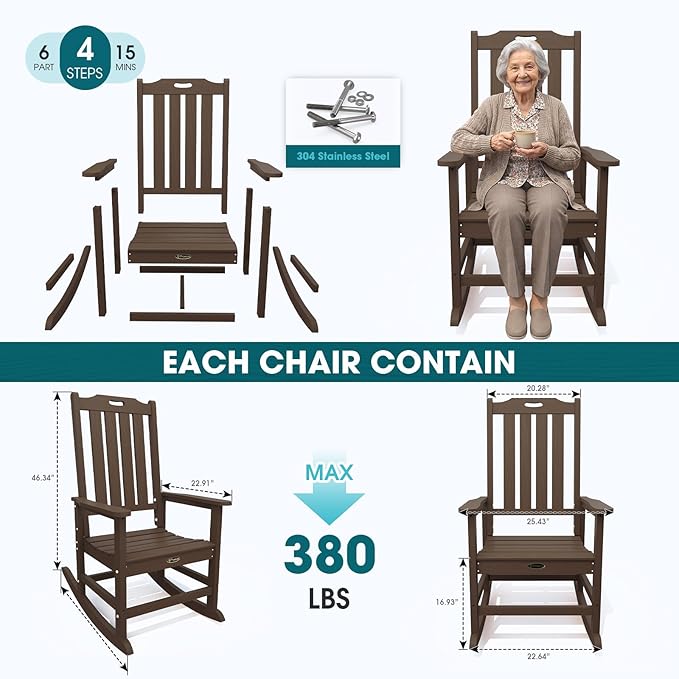 Oversized Rocking Chair Set of 4, Outdoor Rocking Chair for Adults, All Weather Resistant Porch Rocker for Lawn Garden, Brown