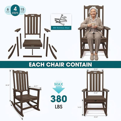 Oversized Rocking Chair Set of 2, Outdoor Rocking Chair for Adults, All Weather Resistant Porch Rocker for Lawn Garden, Brown
