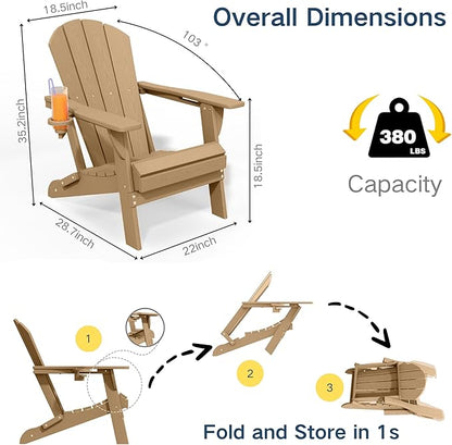Foldable Adirondack Chair with Cup Holder-Heavy Duty Recycled HDPE Outdoor Patio Furniture, Weather Resistant Deck Lawn Fire Pit Chair (Brown, 2 Chair)