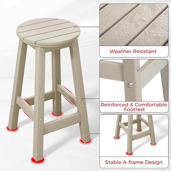 Costaelm 24" Height Outdoor Bar Stools, All-Weather Bar Stools, Adirondack Poly Patio Round Bar Stool for Patio, Deck, Kitchen Counter and Garden, Sand