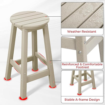 Costaelm 24" Height Outdoor Bar Stools, All-Weather Bar Stools, Adirondack Poly Patio Round Bar Stool for Patio, Deck, Kitchen Counter and Garden, Sand