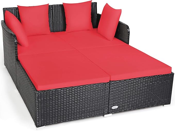 COSTWAY Outdoor Patio Rattan Daybed, Sponge Cushioned Loveseat Sofa with 4 Pillows, Wicker Furniture Sunbed for Balcony - Photo 1