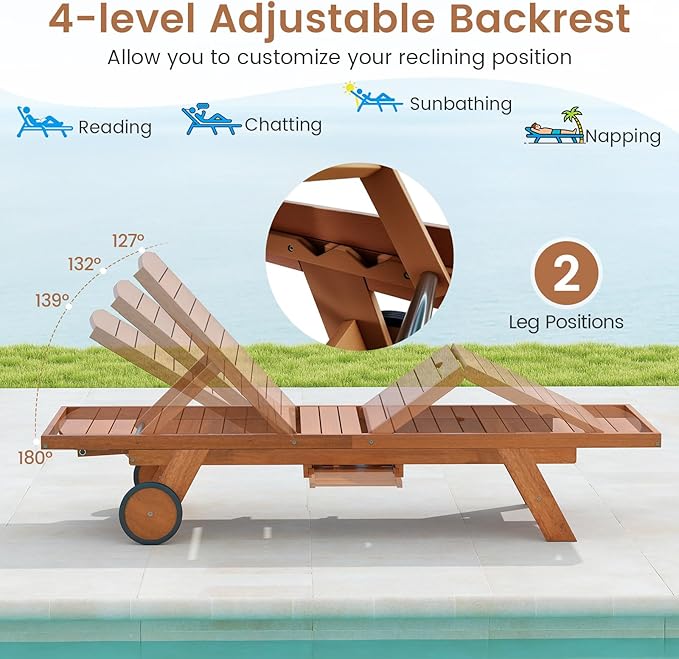 Tangkula Lounge Chair Outdoor with Wheels, Patio Wood Chaise Lounge with 4-Position Adjustable Backrest & Leg Area, Extendable Side Table, Pool Sunbathing Reclining Lounger for Outside Backyard (1)