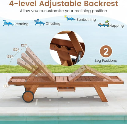 Tangkula Lounge Chair Outdoor with Wheels, Patio Wood Chaise Lounge with 4-Position Adjustable Backrest & Leg Area, Extendable Side Table, Pool Sunbathing Reclining Lounger for Outside Backyard (1)