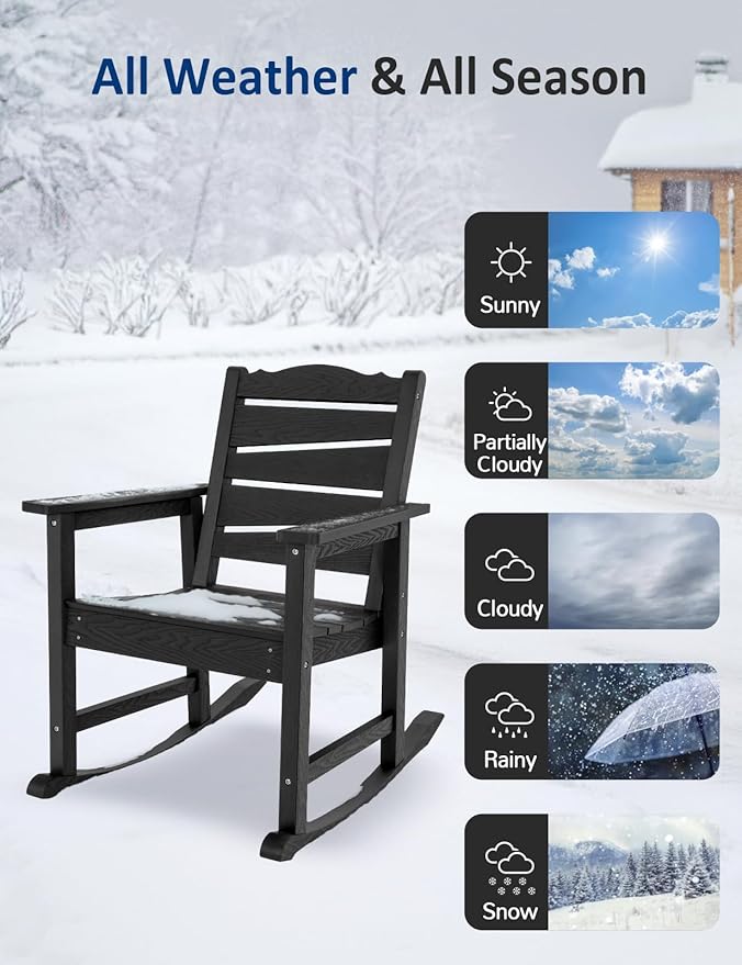 3-Piece Patio Rocking Chairs Set, Weatherproof HIPS Outdoor Rocking Chair for Adults, 400LBS Support Rocking Chairs with Table for Garden, Porch, Backyard and Indoor, Black