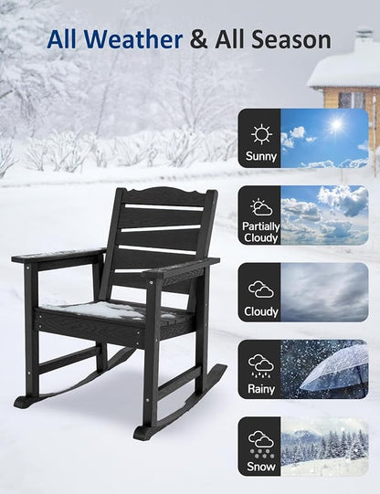 3-Piece Patio Rocking Chairs Set, Weatherproof HIPS Outdoor Rocking Chair for Adults, 400LBS Support Rocking Chairs with Table for Garden, Porch, Backyard and Indoor, Black