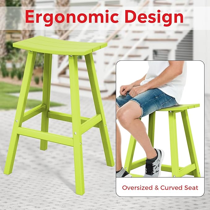 Costaelm All-Weather Bar Stools Set of 3, 29" Height Outdoor Bar Stools, Adirondack Poly Patio Bar Stool for Patio, Deck, Kitchen Counter and Garden, Lime