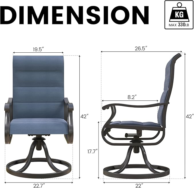 Patio Swivel Chairs Set of 6, Outdoor Dining Chairs with High Back, All-Weather Swivel Rocker Chair for Lawn, Porch or Garden (Padded Navy)