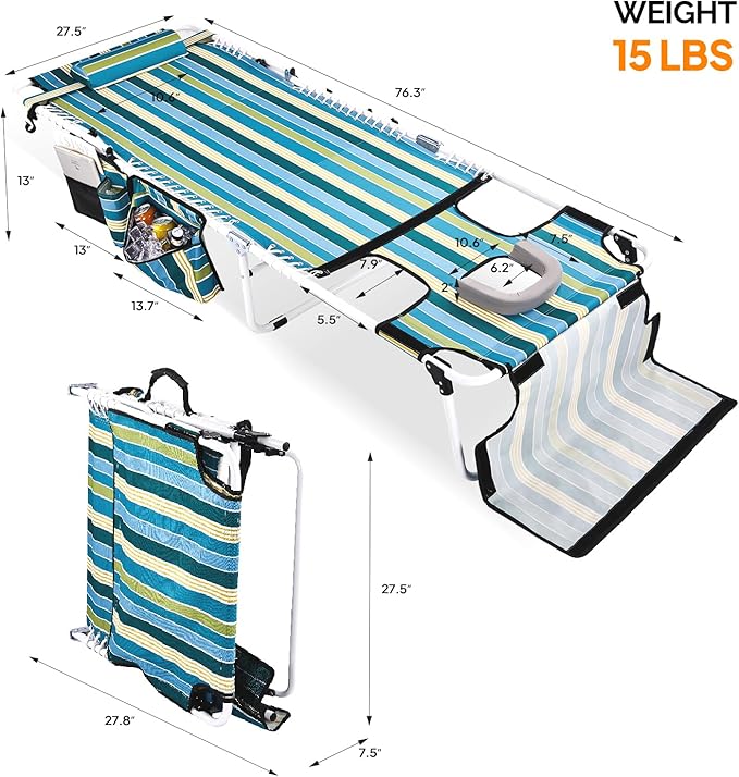 VINGLI Oversized Tanning Chair with Face Hole & Carrying Bag, Beach Lounge Chair Outdoor for Adults, Folding Lounge Chair for Sun Tanning, laying Out Chairs for Tanning Lounger Outside, 475lbs, Stripe