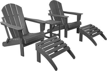 WestinTrends Malibu Outdoor Lounge Chairs Set, 5-Pieces Adirondack Chair Set of 2 with Ottoman and Side Table, All Weather Poly Lumber Patio Lawn Folding Chair for Outside, Gray