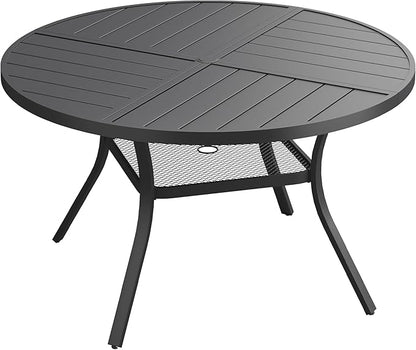 Patio Dining Table for 4-6, Round Metal Outdoor Table with Storage Shelf, 1.57" Umbrella Hole, 47" Outdoor Quartered Tabletop Dining Table for Backyard, Porch, Lawn, Black