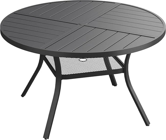 Patio Dining Table for 4-6, Round Metal Outdoor Table with Storage Shelf, 1.57" Umbrella Hole, 47" Outdoor Quartered Tabletop Dining Table for Backyard, Porch, Lawn, Black