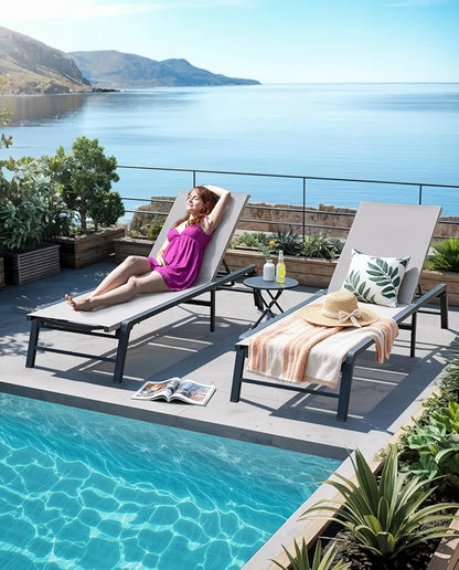 Aluminum Chaise Lounge Outdoor, Foldable & Assemble-Free Lounge Chair Outdoor 2 Sets with Foldable Table, Lounge Chair with 5 Adjustable Backrest, Poolside, Beach, Pool, Brown