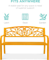 Best Choice Products Outdoor Bench Steel Garden Patio Porch Furniture for Lawn, Park, Deck w/Floral Design Backrest - Photo 3