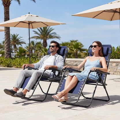JEAREY Oversized Zero Gravity Lounge Chairs Set of 2, Breathable Steel Mesh Lounge Chairs with Head Pillows & Cup Holder Trays, for Patio, Garden, Beach, Purplish Blue