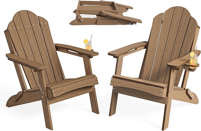 LUE BONA Folding Adirondack Chair, Chairs Set of 6, Cup Holder, Woodgrain, Fire Pit, Patio, Pool, Brown - Photo 7
