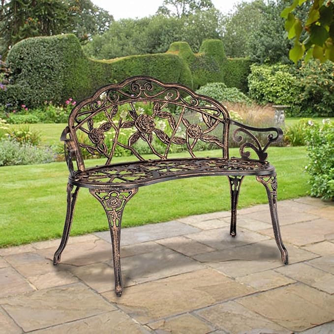 38.5" Outdoor Patio Garden Bench Porch Chair Seat,Outdoor Indoor Chair Seat,Adult Patio Carved Vintage Outdoor Indoor with Durable Metal Cast Iron (Rose)