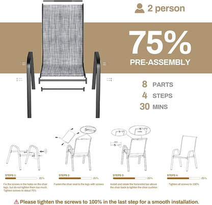 TLSUNNY Patio Chairs, Stackable Textilene Outdoor Dining Furniture for All Weather, with 17.7″ Wide Seat & Metal Frame, for Garden, Backyard, Deck, Restaurant, Poolside (4, Grey, 26.4″)
