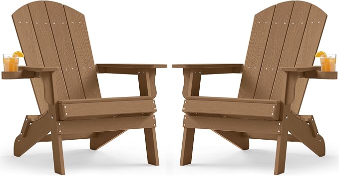 YEFU Adirondack Chair Set of 2, Folding Oversized Plastic Adirondack Chair with Cup Holder, Lawn Chair with Weather Resistant for Outdoor Deck Garden, Weight Capacity Up to 400 Lbs–Teak