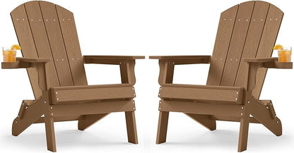 YEFU Adirondack Chair Set of 2, Folding Oversized Plastic Adirondack Chair with Cup Holder, Lawn Chair with Weather Resistant for Outdoor Deck Garden, Weight Capacity Up to 400 Lbs–Teak
