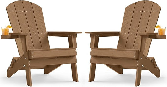 YEFU Adirondack Chair Set of 2, Folding Oversized Plastic Adirondack Chair with Cup Holder, Lawn Chair with Weather Resistant for Outdoor Deck Garden, Weight Capacity Up to 400 Lbs–Teak