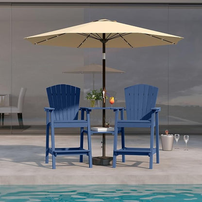 Navy Blue HDPE Tall Adirondack Chair Set of 2 with Beige 11FT Cantilever Umbrella, All-Weather Outdoor Bar Height Chairs with Trays & Umbrella Hole for Balcony