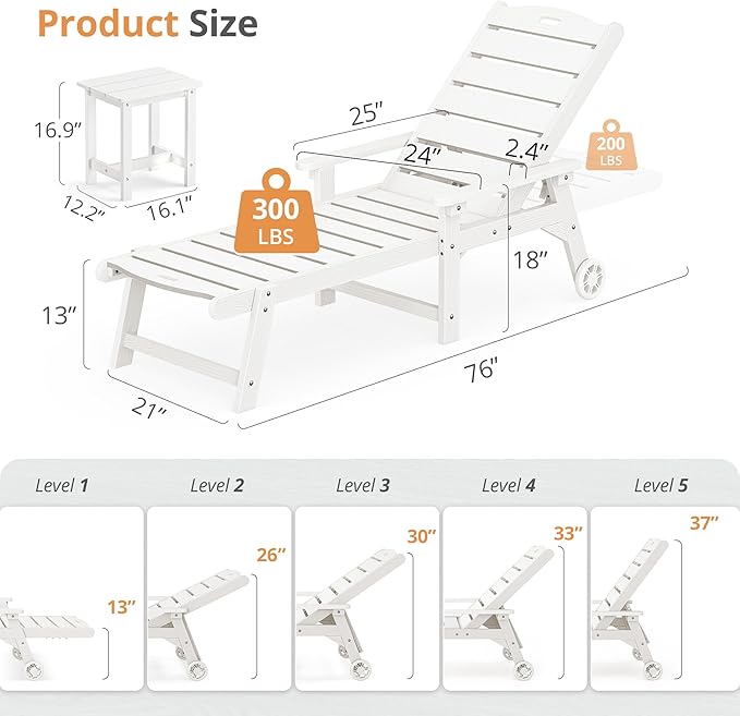 LUE BONA Chaise Lounge Chair with Table, 3-Piece, HDPS Chaise Lounger, 5 Positions Adjustable Lounge Chairs - Photo 2