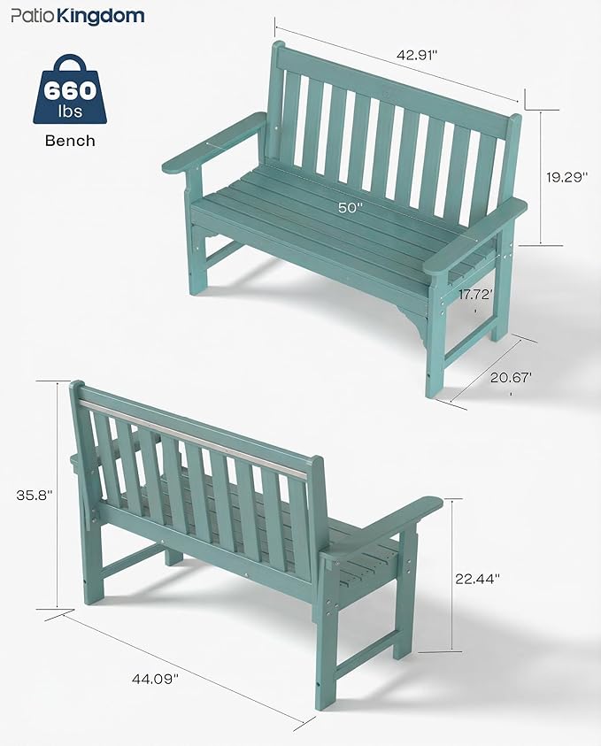 HDPE Garden Bench, All Weather 2-Person Outdoor Benches, Rust Free & Fade Resistant Patio Benches for Garden, Porch, Backyard, Deck, Lawn, Balcony, Poolside (Light Blue, 2 Benches)