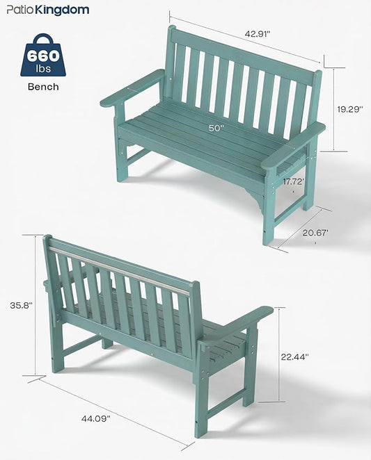 HDPE Garden Bench, All Weather 2-Person Outdoor Benches, Rust Free & Fade Resistant Patio Benches for Garden, Porch, Backyard, Deck, Lawn, Balcony, Poolside (Light Blue, 2 Benches)