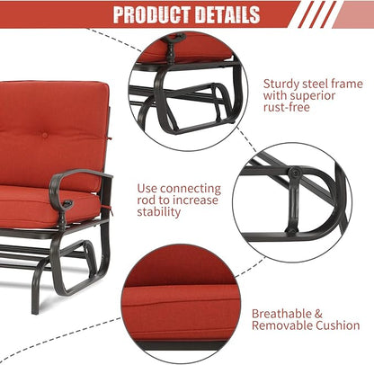 Outdoor Swing Glider Rocking Bench, Garden Loveseat Chair, Patio Steel Frame Chair Wrought Iron Look with Thick Cushion(Red)