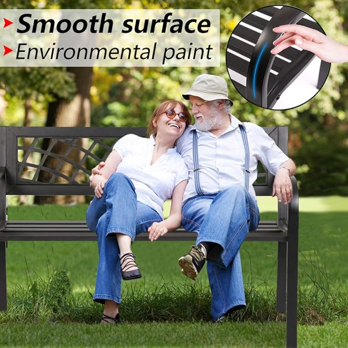 Garden Bench Metal Sturdy Cast Iron Porch Chair Seat Furniture with Armrests 480BLS Bearing Capacity for Park Yard Deck Entryway, 45.5"(L) x21.7(D) x30(H), Black