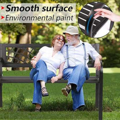 Garden Bench Metal Sturdy Cast Iron Porch Chair Seat Furniture with Armrests 480BLS Bearing Capacity for Park Yard Deck Entryway, 45.5"(L) x21.7(D) x30(H), Black