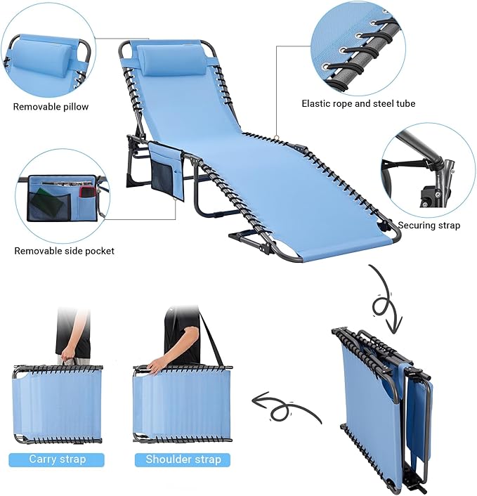 #WEJOY Folding Outdoor Chaise Lounge Chair, Adjustable Lightweight Portable Beach Lounge Chair for Patio, Pool, Lawn - Photo 4